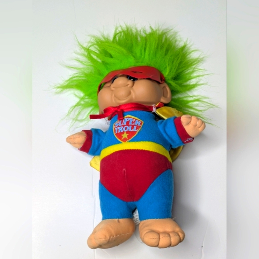 Vintage 1992 Super Troll 10" Tall Plush Toy With Cape And Mask